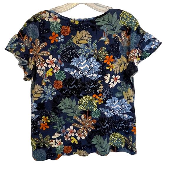 LOFT Floral Hummingbird Tee Womens Medium Navy Colorful Casual Cotton Knit Top - Picture 4 of 8